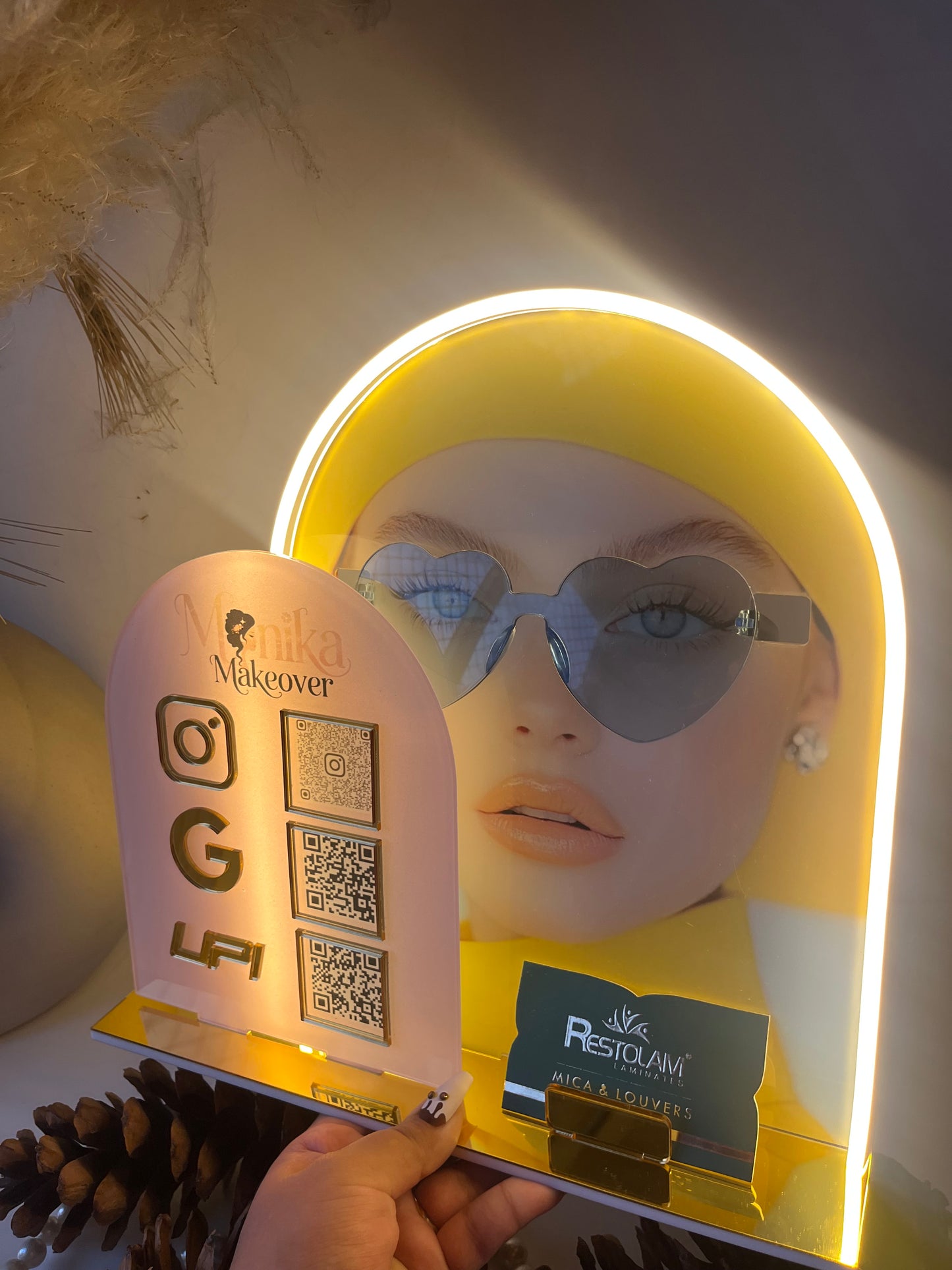Three Qr scanner for sunglasses display with neon