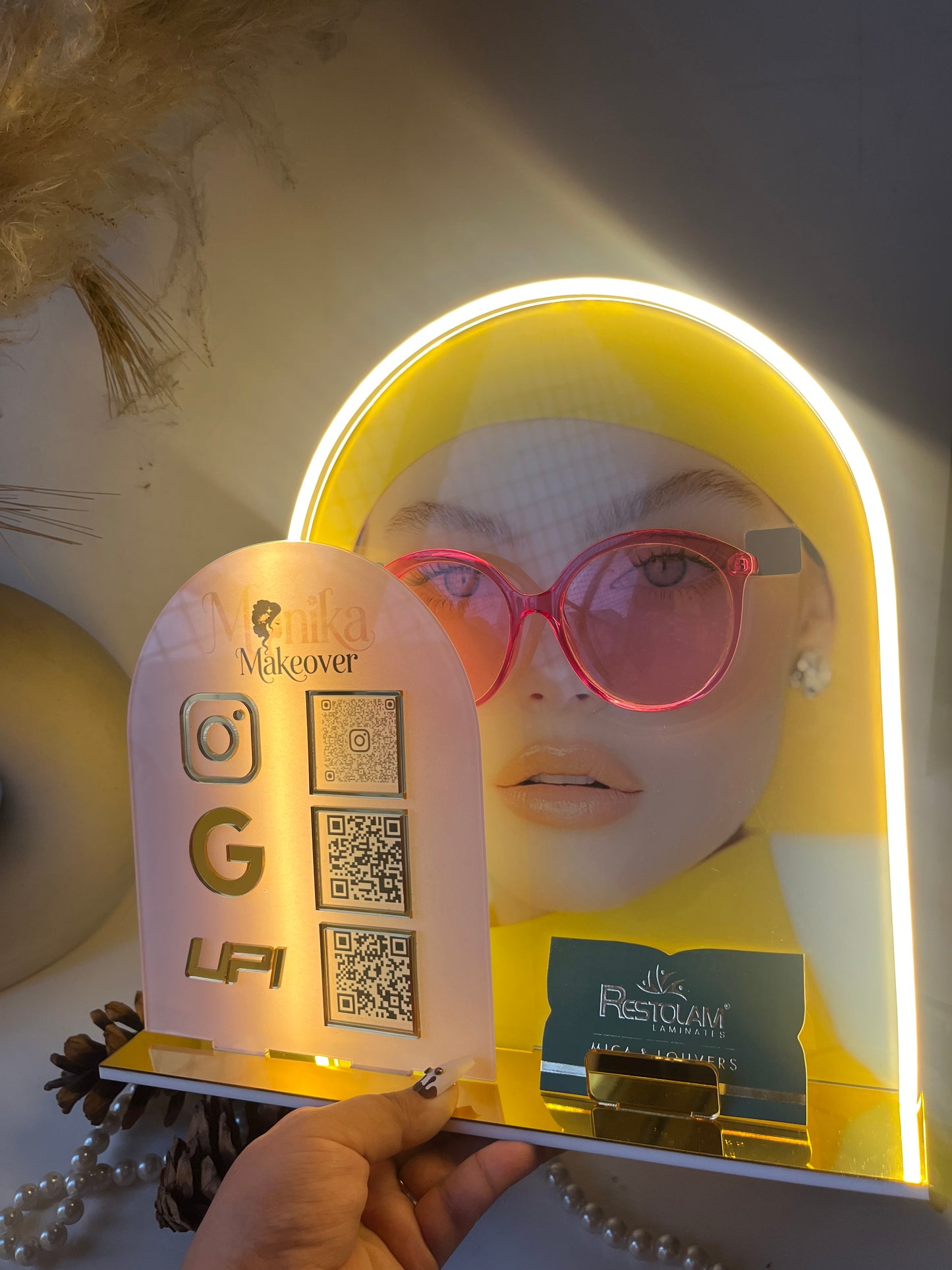Three Qr scanner for sunglasses display with neon